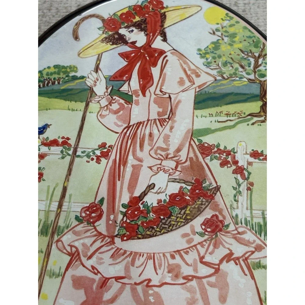 Vintage Valleybrook Farms Oval Tin Cookie Box Cottage‎ Girl Bunny Floral Storage